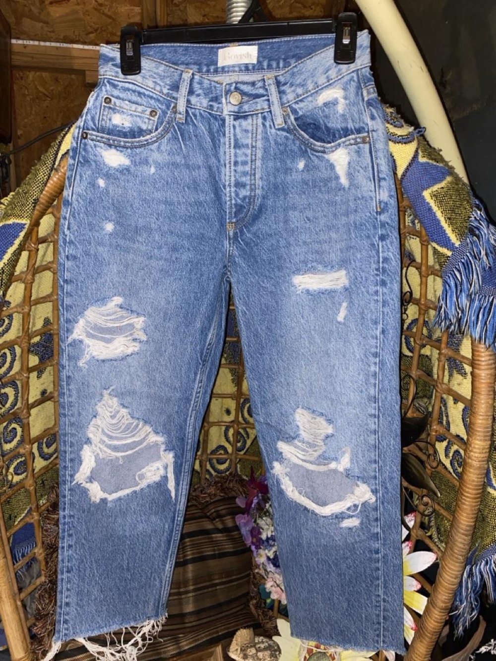 Boyish Jeans The Tommy High-Rise Distressed Straight Leg Light Wash Size-24